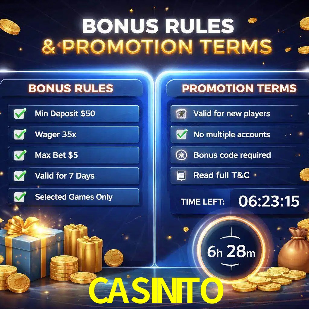 Reglas de promoción CASINITO y condiciones de bonos explicadas visualmente
