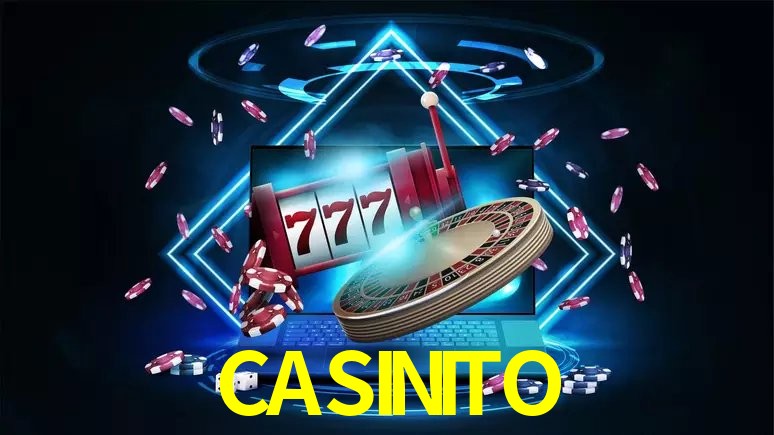Escena dinámica inspirada en casino con iluminación CASINITO, cartas, fichas e íconos de juegos digitales en un espacio moderno de juegos.
