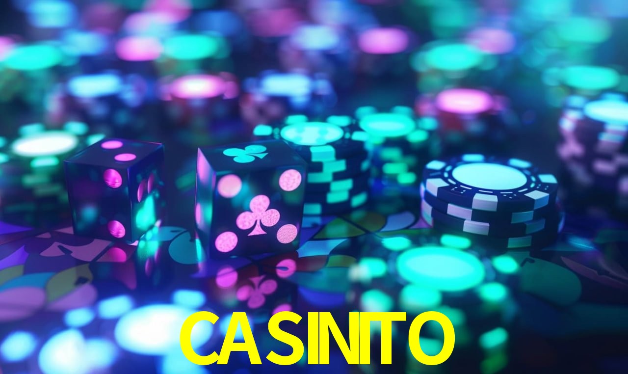 Una escena digital vívida inspirada en casino con CASINITO mostrado prominentemente, luces brillantes, fichas, cartas y acentos dorados.