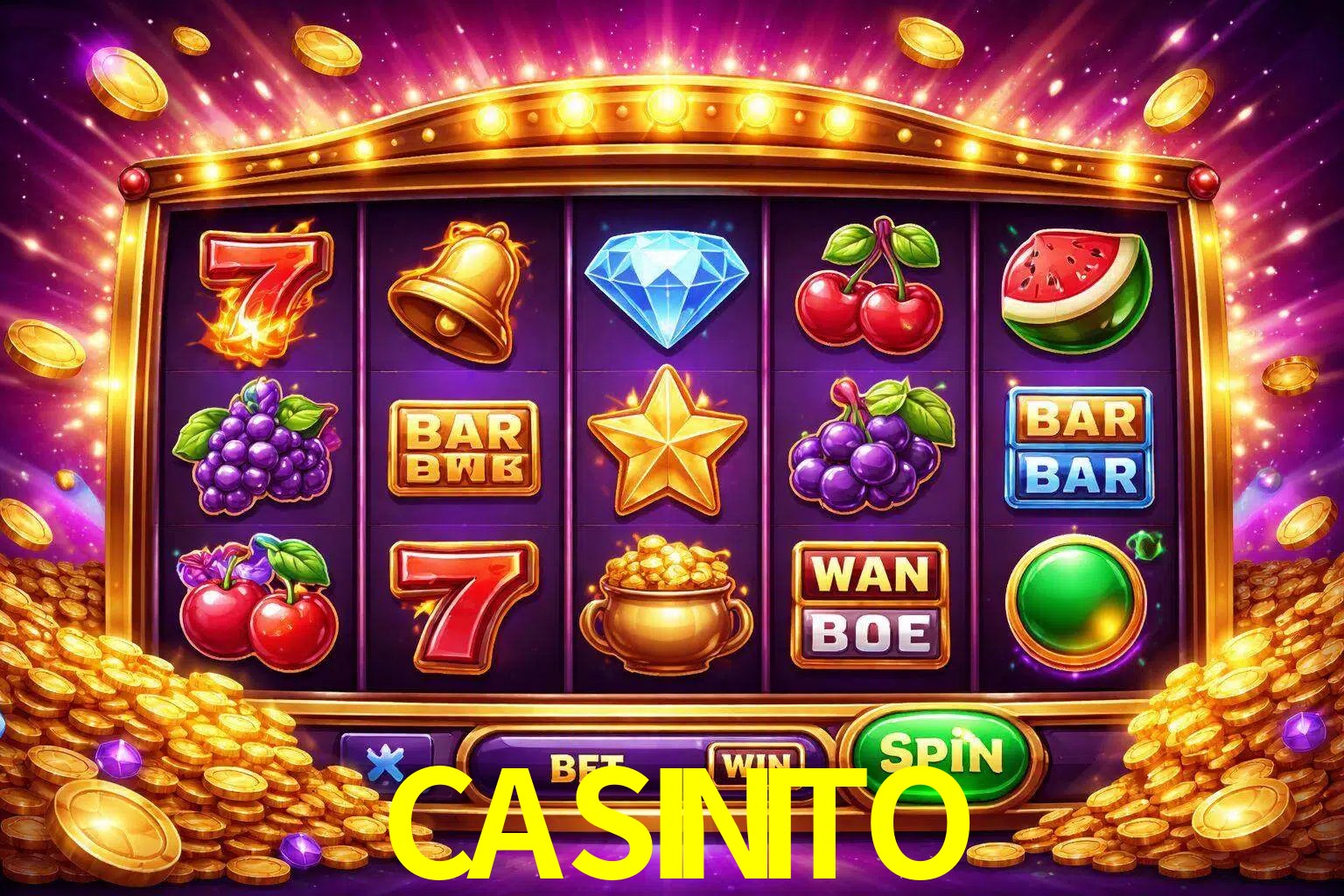 Una interfaz colorida de tragamonedas en línea con símbolos brillantes, monedas y un efecto de victoria celebratoria en CASINITO.